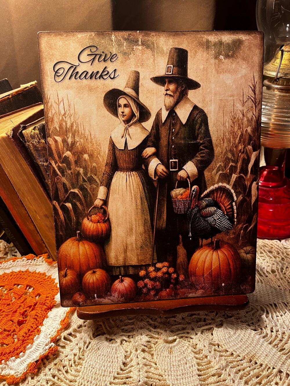 Thanksgiving, Give Thanks, Pilgrim Couple, Handcrafted Plaque / Sign